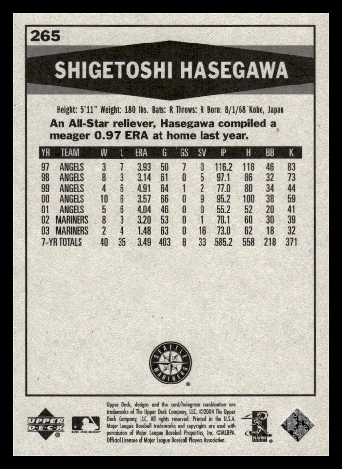 2004 Upper Deck Vintage #265 Shigetoshi Hasegawa Seattle Mariners - Image 2 of 2