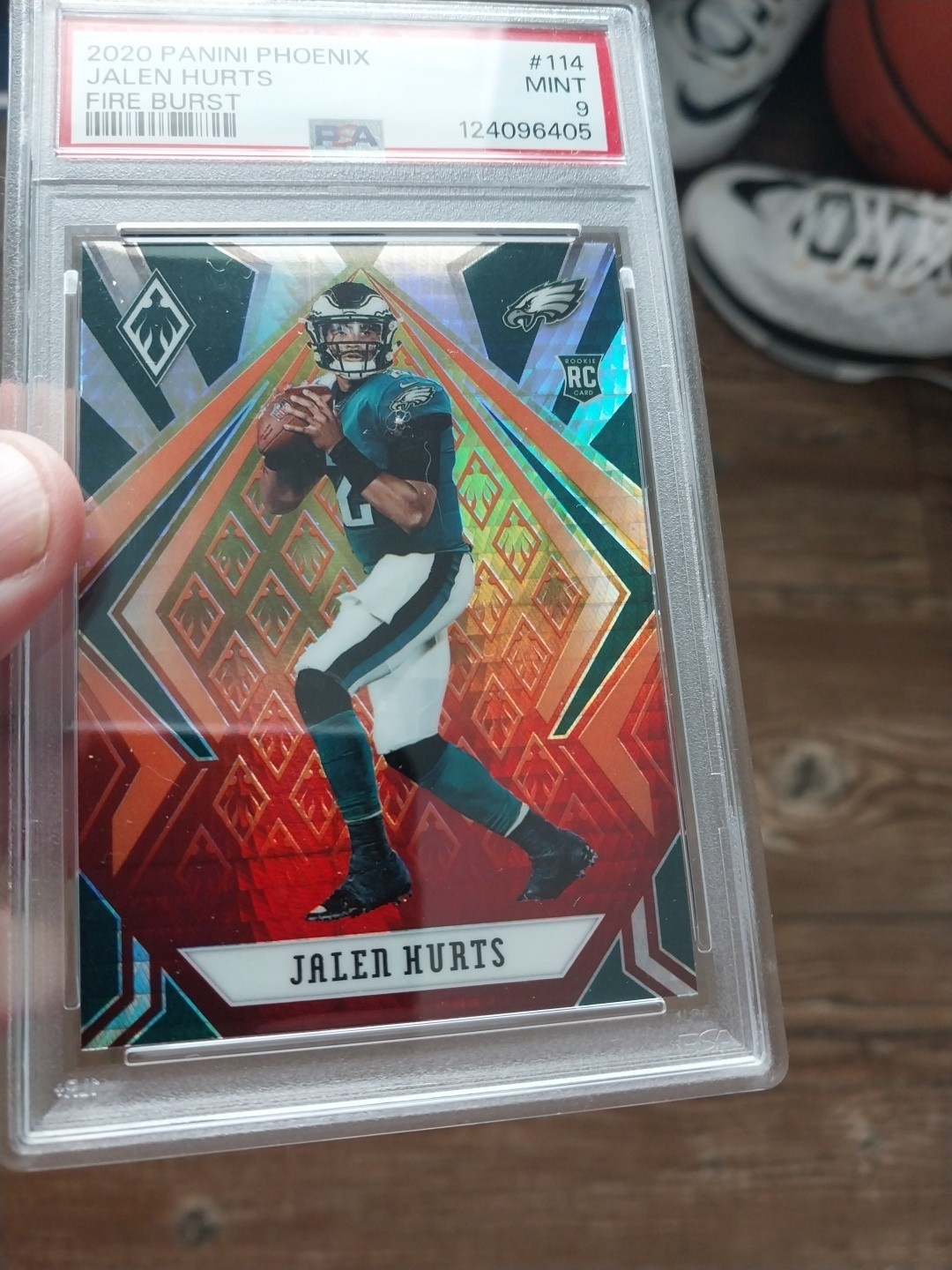 2020 Panini Phoenix RC Jalen Hurts #114 Fire Burst RC PSA 9 SB MVP Eagles RC QB view 3