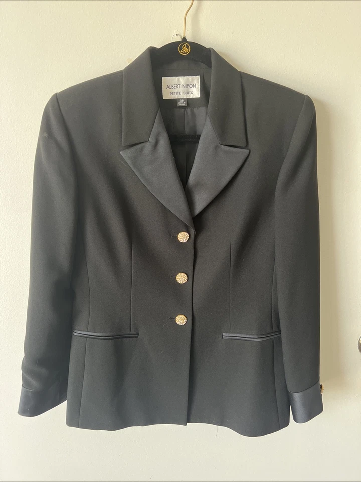 Chaqueta blazer de esmoquin negra para mujer Albert Nipon estrás satinado talla 8P vintage Foto 3 de 4