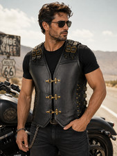 Mens Black Leather Biker Vest Gothic Medieval Buckle Motorcycle Waistcoat