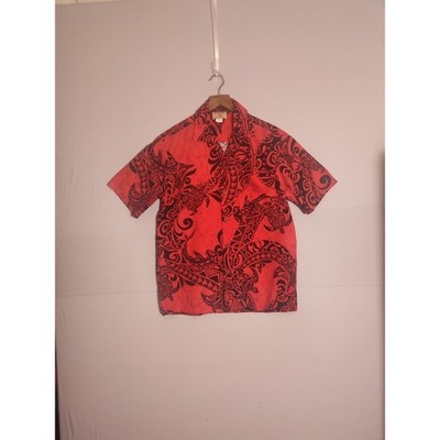Hawaii Station Mens Small Red Black Tribal Turtle Aloha Shirt Made in Hawaii