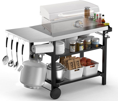 Heavy Duty Pizza Oven Table & BBQ Prep Cart, Stainless Steel Rolling Grill Cart