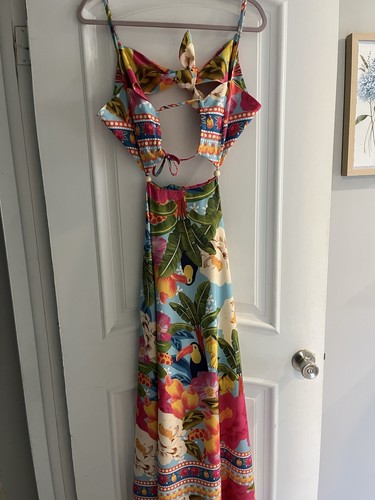 Maxi Dress Open Back Tropical Parrot Halter Resort xlg  Adjust Straps back tie