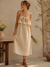 Womens L Embroidered Linen Blend Midi Dress Ivory Boho Peasant Sundress