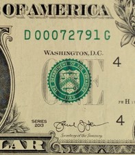 2013 $1 bill fancy serial, birthday date note July 27, 1991. D 00072791 G