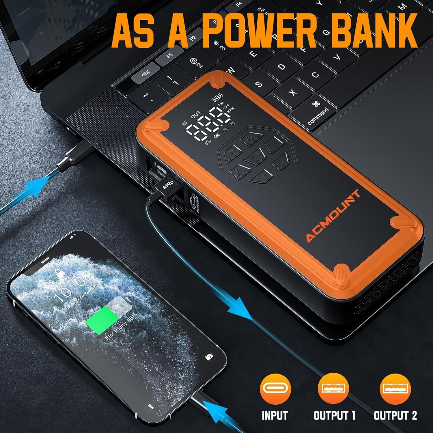 All-in-One 5000A Jump Starter with Intelligent Tire Inflator and Safety Features