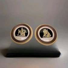 (2) Round Wooden Convex Glass Greco Roman Myth Wall Art MCM 10" Each 