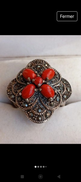 Rare Bague Argent Marquesite Et Corail, 1960.