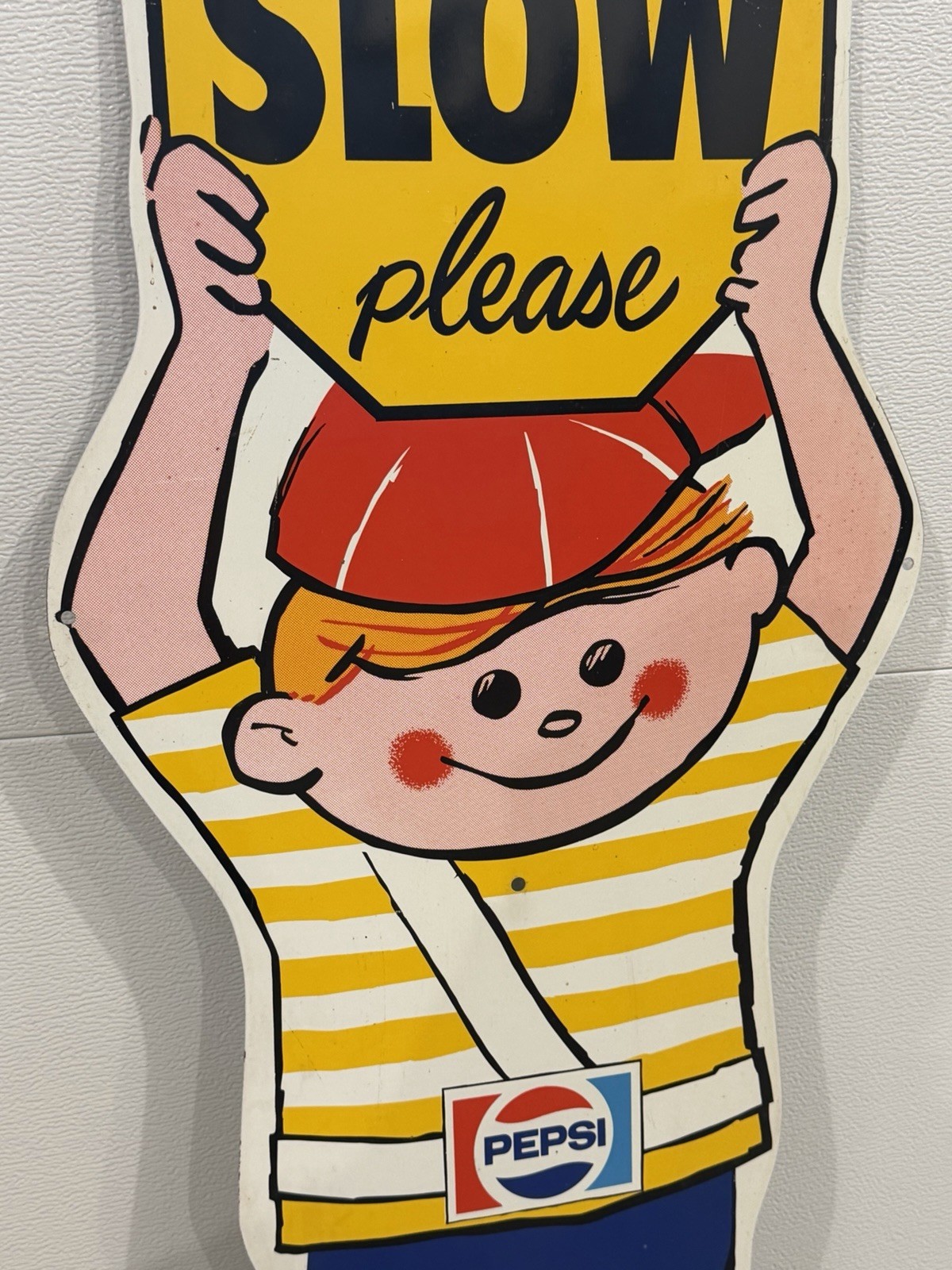 Vintage Original Pepsi Boy Slow Please Crossing Advertising Sign Metal
