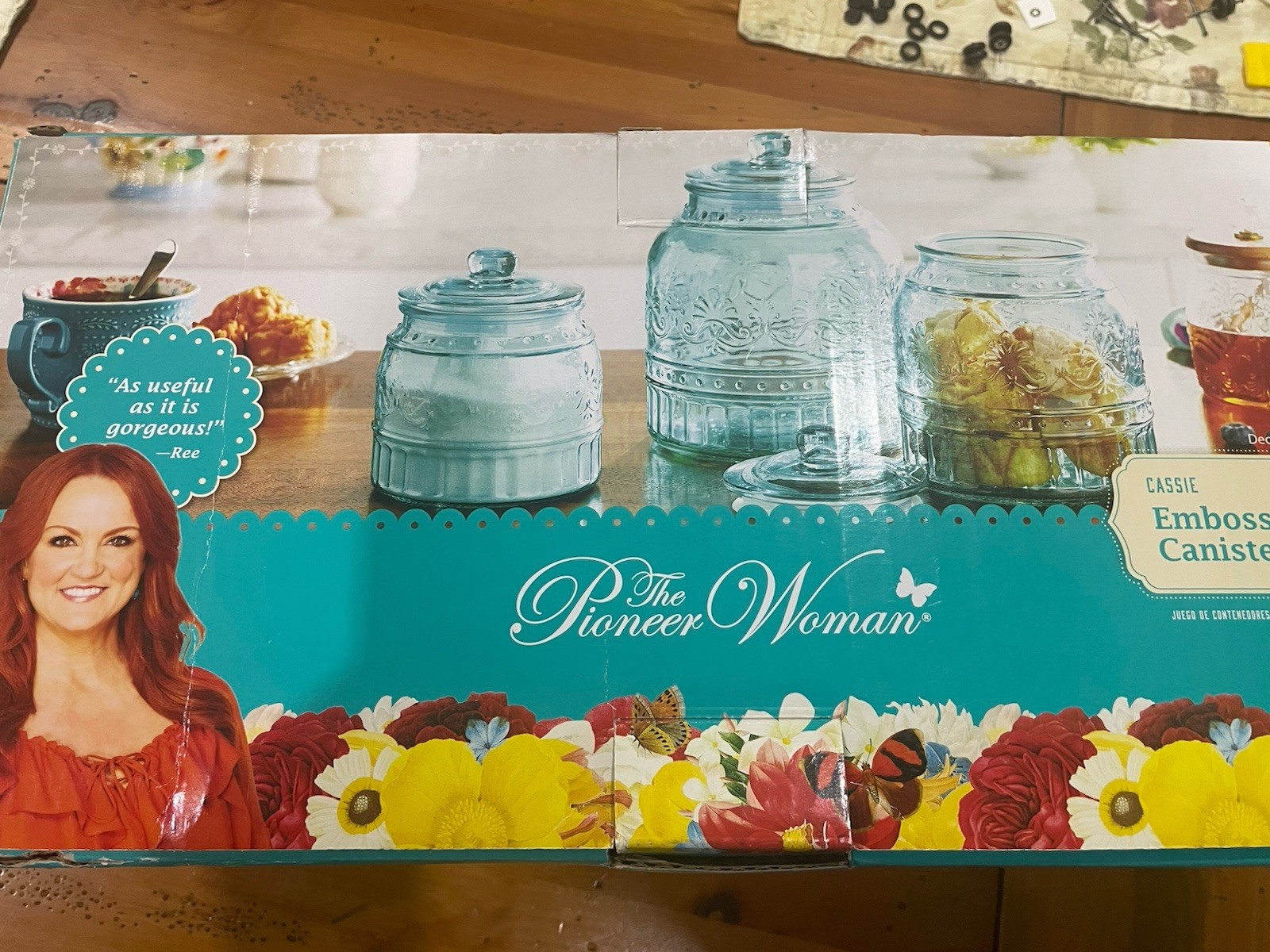 Pioneer Woman Glass Canister Set Embossed Cassie Teal Three Piece Set New In Box