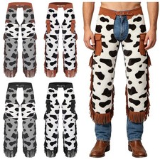 US Mens Cow Print Trousers Chaps Cowboy Assless Chaps Pants Halloween Costume