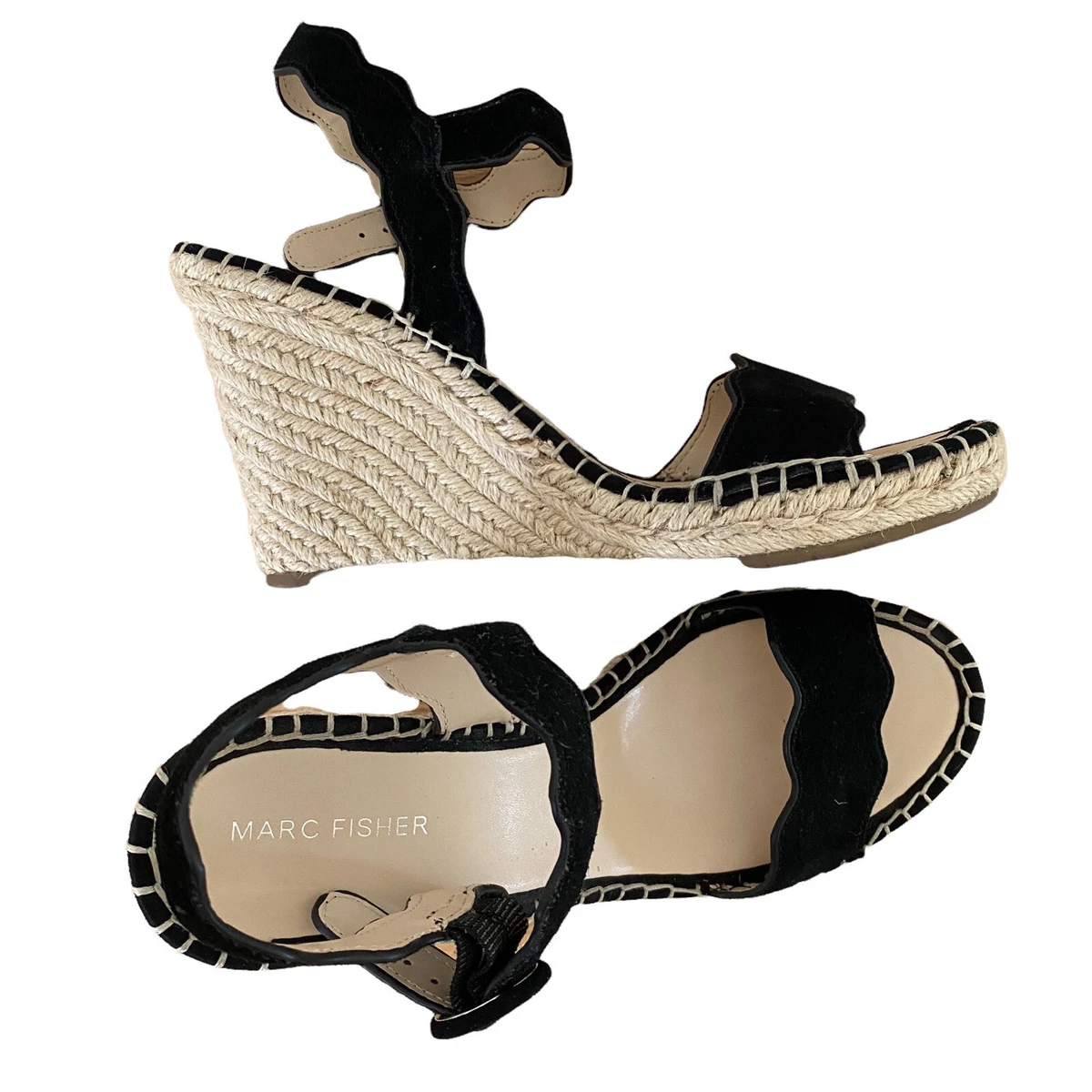 Marc Fisher Kai Black Leather Suede Espadrille Wedge Sandals Size