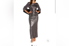 R M Richards Women's Gunmetal Silver Glittering Draped Back Gown 16, 119