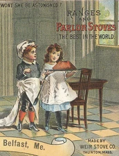 BELFAST, ME TRADE CARD, GLENWOOD & ELMWOOD STOVES & RANGES, WEIR STOVE CO  F367