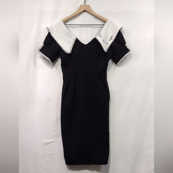 Kayly Preppy Shift Dress Women's M Black White Embroidered French Academia Retro Kayly Preppy Shift Dress Women's M Black White Embroidered French Academia Retro