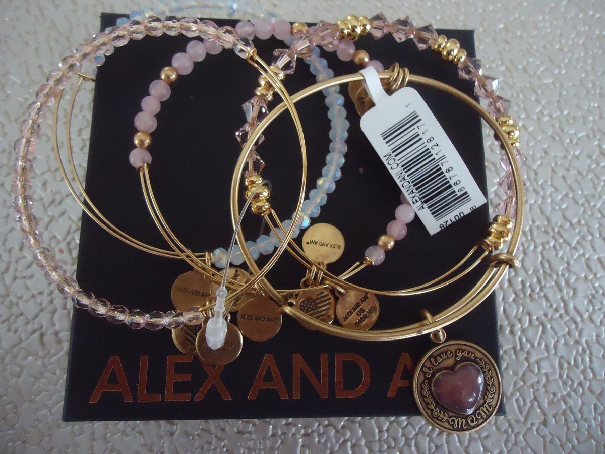 Alex and Ani I LOVE YOU MOM SET OF Bangles Russian Gold New W