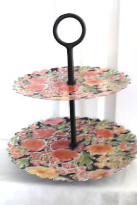 Shabby Floral Roses Enamel  Scalloped Edge Metal Loop Handle 2-Tiered Tray NEW