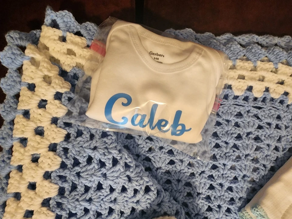 NEW Handmade Crocheted Baby Blanket Afghan WITH Onsie, Booties PERSONALIZED - Image 3 of 4