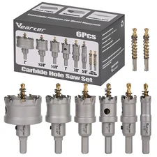 Vearter 6Pc 5/8''-2'' Carbide Tip TCT Hole Saw Set Drill Bit Kit for Steel Metal