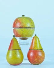 Vintage Wooden Box Painted Art Deco Fruits Trumpet Apple Pear X 3