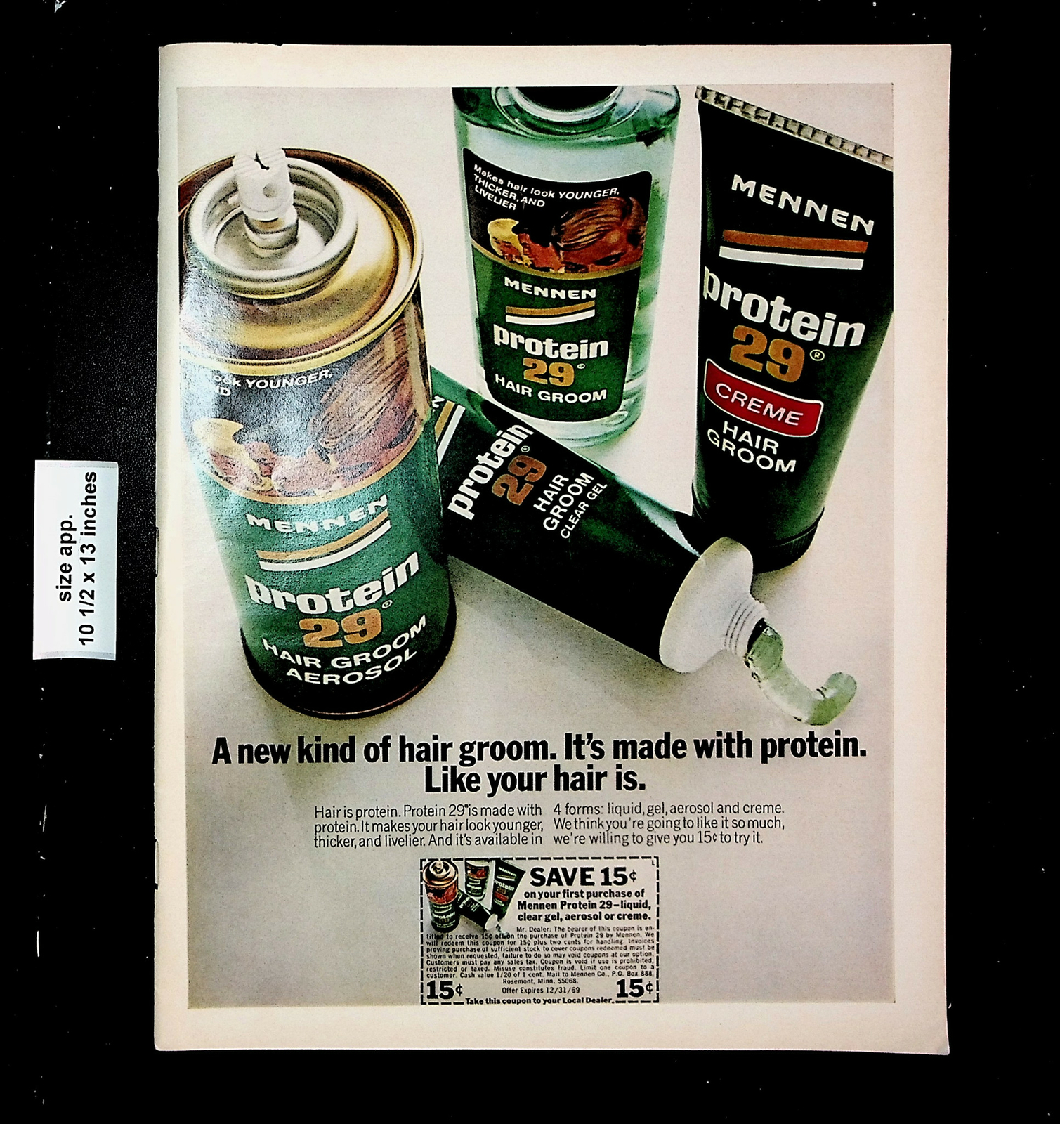 1969 Mennen Protein 29 Hair Groom Gel Creme Aerosol Vintage Print Ad