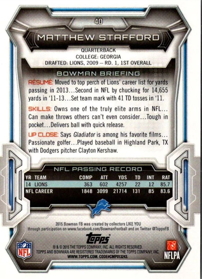 2015 Bowman Matthew Stafford Detroit Lions #40 - Image 2 of 2
