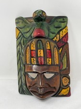 VINTAGE HAND CARVED PAINTED WOOD MAYAN AZTEC GOD TIKI MASK WALL HANGING