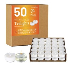 Unscented Clear Cup Smokeless Tea Lights - 50 Pack White Palm Tealight Candle...