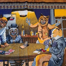 Cats Playing Poker 54" X 34" Wall Tapestry - blue background Feline frenzy