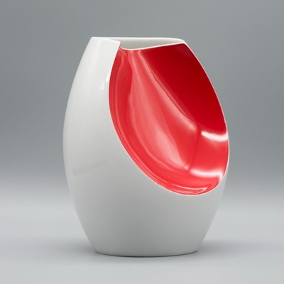 Mid-Century Modern Scherzer Bavaria Porcelain Vase Glossy White & Red Space-Age
