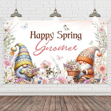 Happy Spring Easter Photo Backdrops Banner 70.8x43.3 Inch, Gnomes Floral Butterf