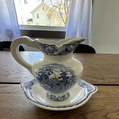 NIKKO Blue & White Pottery Ceramic Pitcher & Bowl Set Glossy Japan