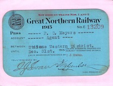 GREAT NORTHERN SAFETY FIRST WESTERN RAILWAY RR RY RWY RAILROAD PASS 1915