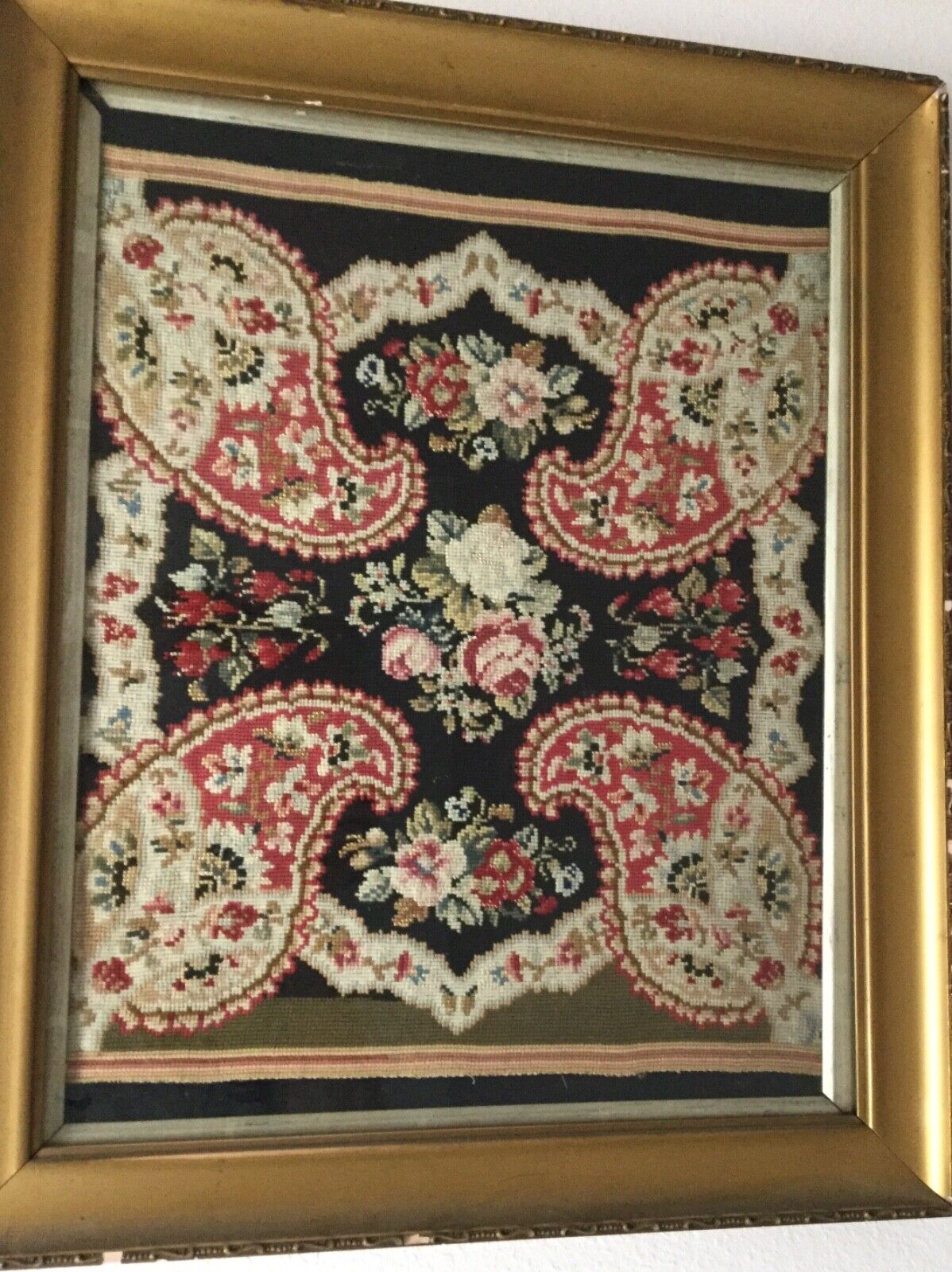 Antique 1820’s German Paisley Needlework  Framed Behind Glass 23” x 19” Overall
