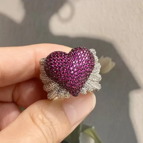 5.8Ct Lab Created Ruby Angel Wing Heart Cocktail Ring 14k White Gold Finish - Picture 2 of 14