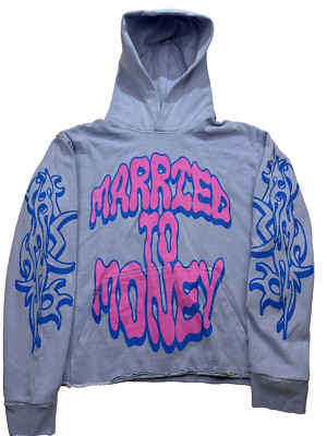 Married To Money Hoodie Women Med Blue Tribal Flame Sleeve Huge Graphic Cropped