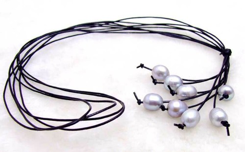 Collar Perla Gris Natural de 10 mm Arroz Cuero 4 Hebras Collar Largo 32" Joyería - Imagen 4 de 6