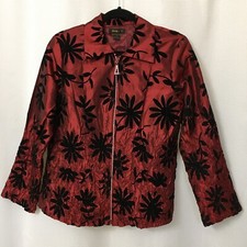 Jerry T Women's Lightweight Holiday Jacket Size M 3-d Felt Flowers Wine/black Cl