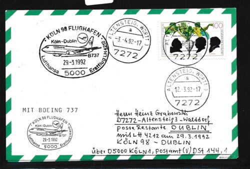 78464) LH FF Köln - Dublin Irland 29.3.92, Karte FDC 1599 Zucker - Bild 1 von 1