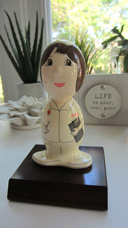 VINTAGE ARTIST SIGNED ROCK HEADS NURSE FIGURINE Juan P 1993 WOOD BASE