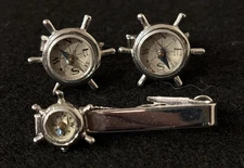 Vintage Swank Set Of Compass Nautical Silver Tone Cufflinks & Tie Bar