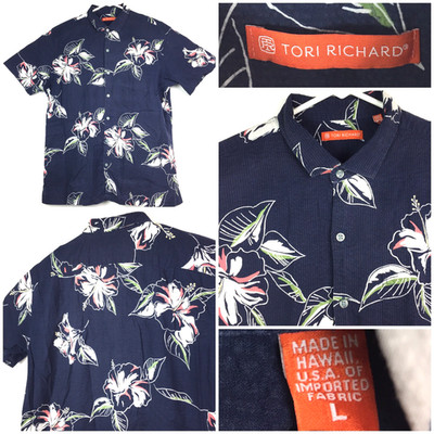 Tori Richard Mens L Large Hawaiian Shirt Cotton Pucker Lawn Aero Floral Hibiscus