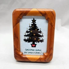 Vintage Fetco Miniature Inlay Wood Frame w Tree Christmas Comes But Once A Year