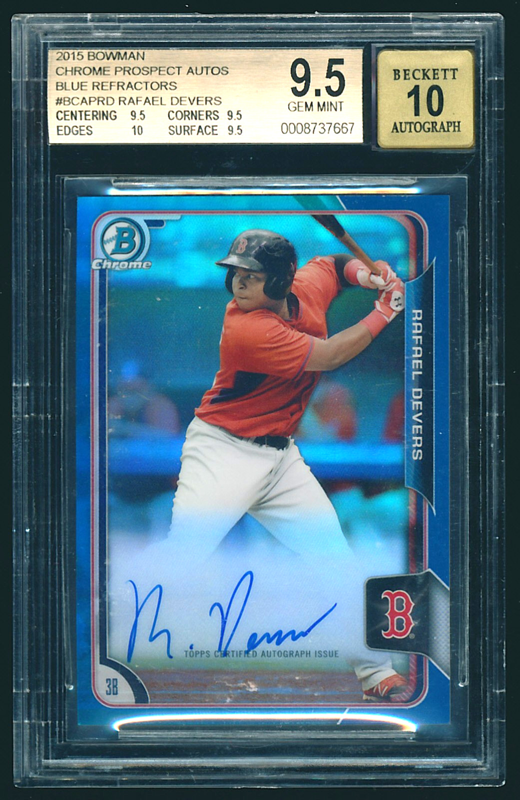 2015 Bowman Chrome Rafael Devers Blue Refractor Auto 104/150 BGS 9.5 - Subs 9.5+