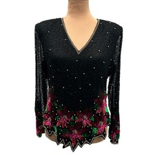 Vintage 80s Laurence Kazar Paris-NY Silk Hand Beaded Sequin Poinsettia Top Large