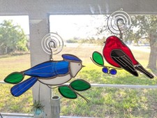 Vintage Stained Glass Leaded Bluejay and red bird Sun Catchers window art