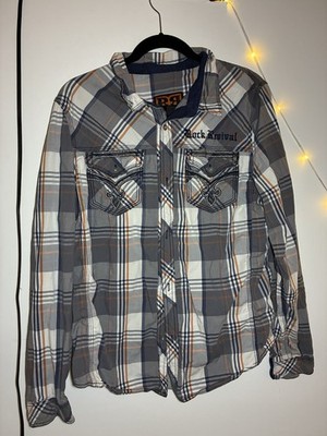 Grey and orange plaid button-up shirt #plaidshirt#RockRevival#pre-owed#excellent