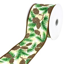Christmas Pinecones Wired Ribbon, 2-1/2-inch, 10-yard