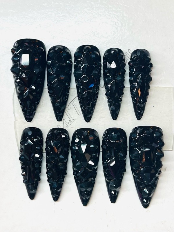 BLACK JEWELS GLASS RHINESTONE - LONG  STILETTO- HARD GEL PRESS ON NAILS 💅