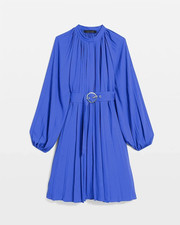 NEW White House Black Market Midi Pleated Dress - Blue - Sz L - Long Sleeve Belt